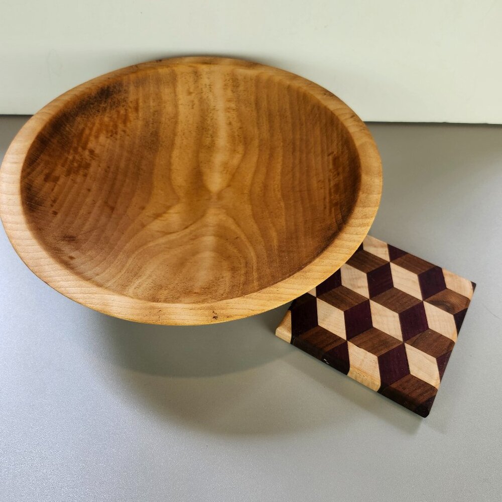 Vintage Wooden Dough Bowl & Small Checkerboard Wood Board
